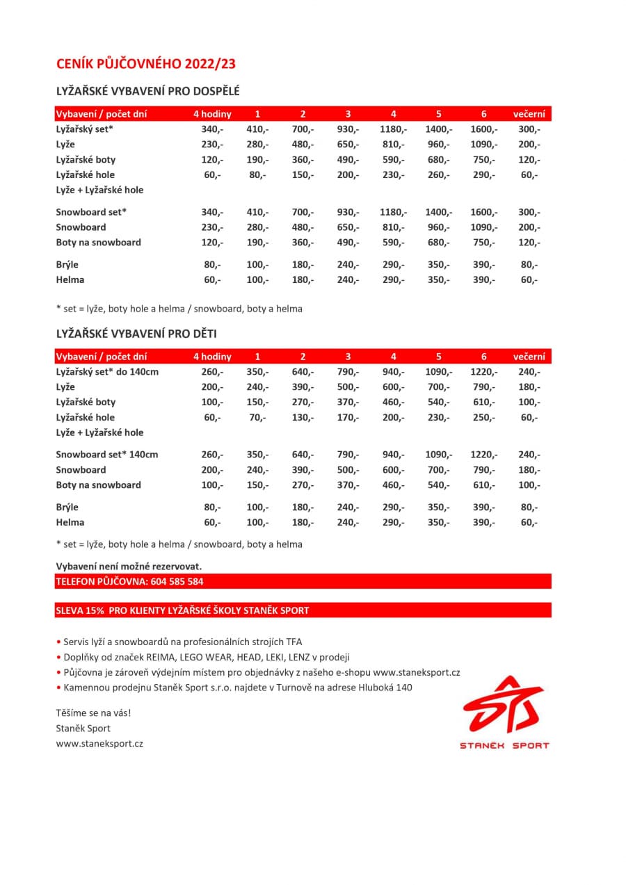 Ceník lyžařské půjčovny 2022-2023